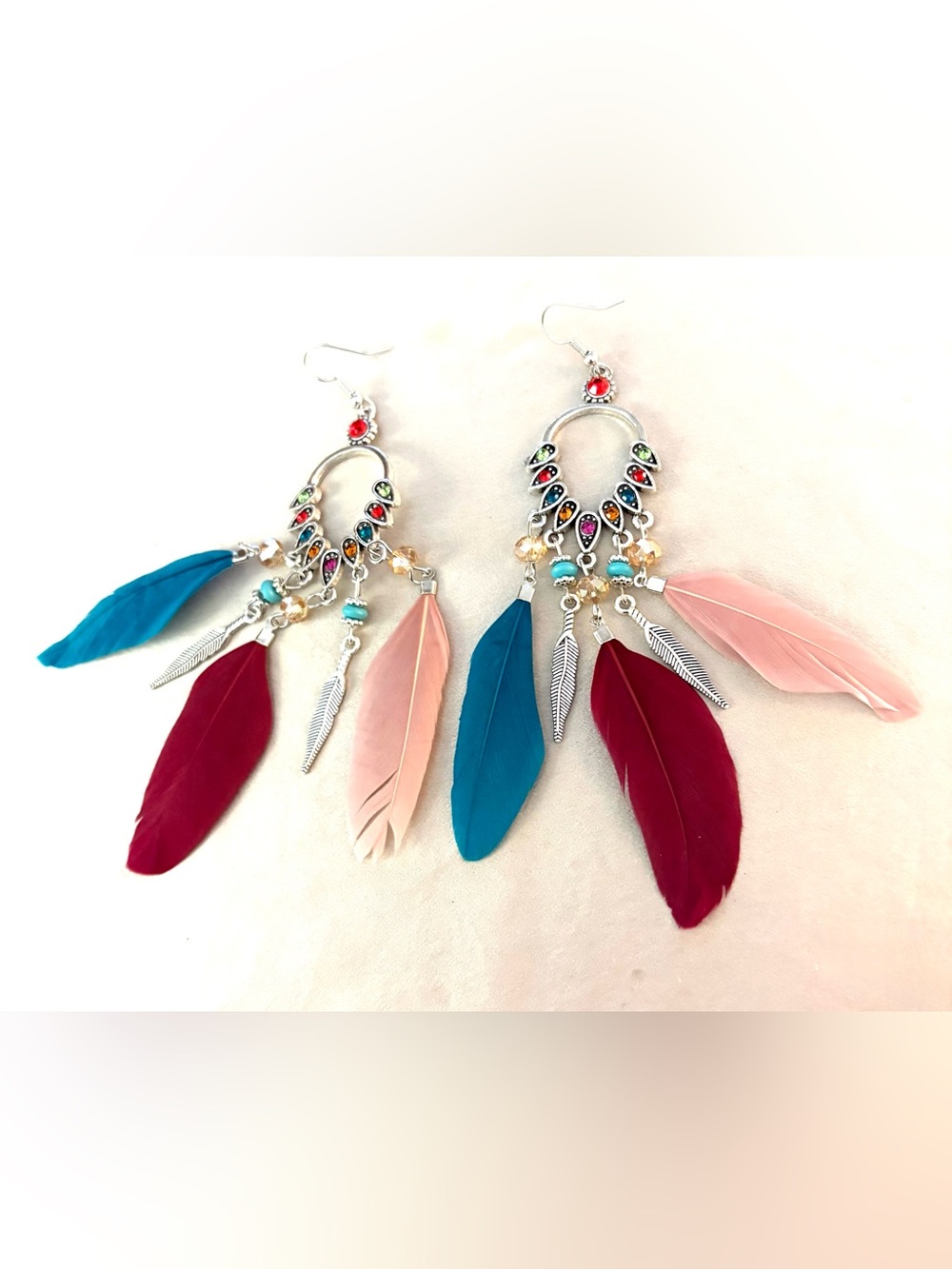 Boho Feather Drop Earrings in Teal, Burgundy & Pink. NWT.